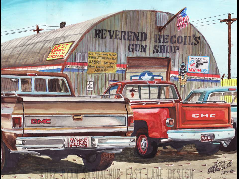 redneck gmc PICKUP Truck 1980s arizona Surplus reverend Recoil Gun shop car desert ryan sardachuk