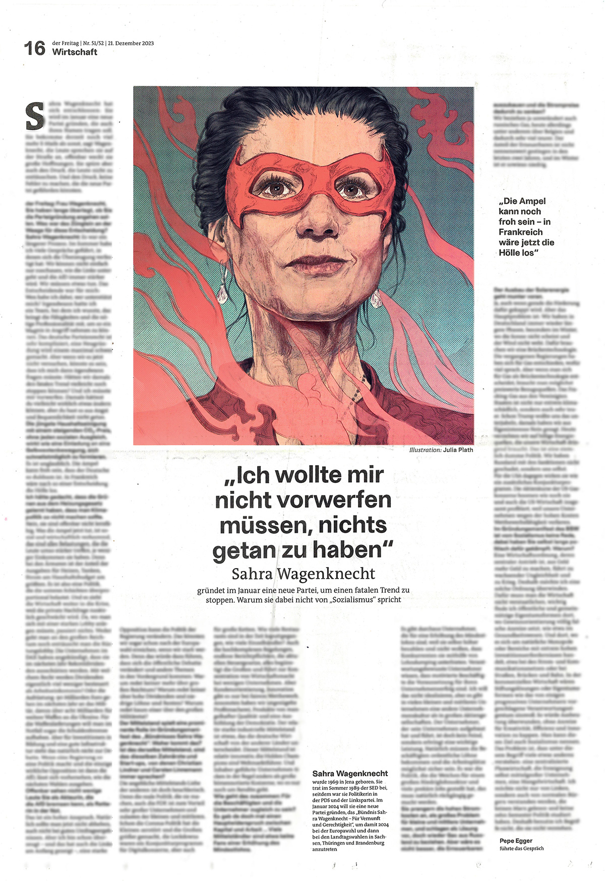 Editorial Illustration newspaper portrait DerFreitag sahrawagenknecht