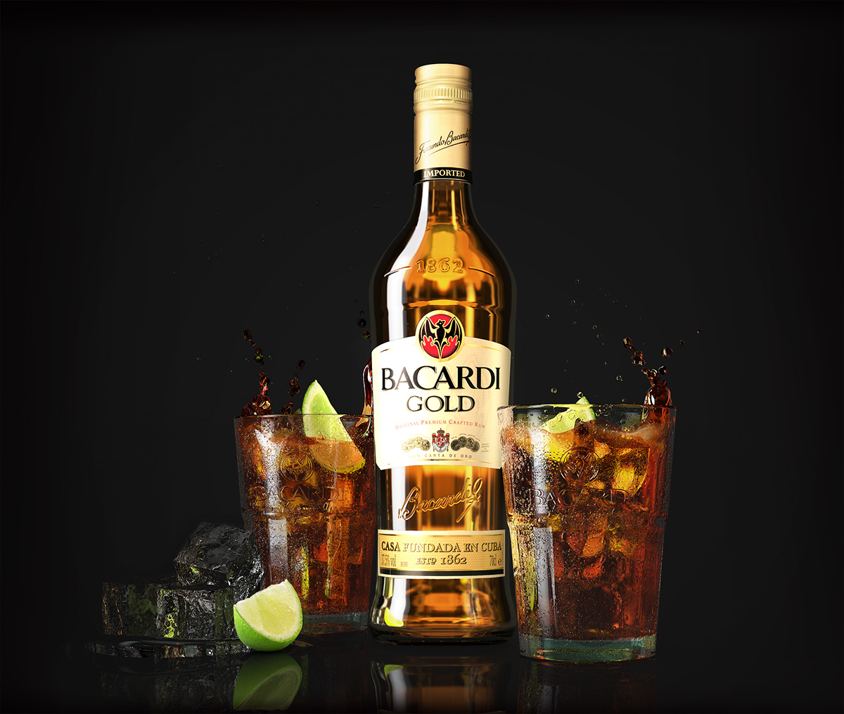 bacardi gold drink CGI 3D c4d ice lime glass cocktail bottle