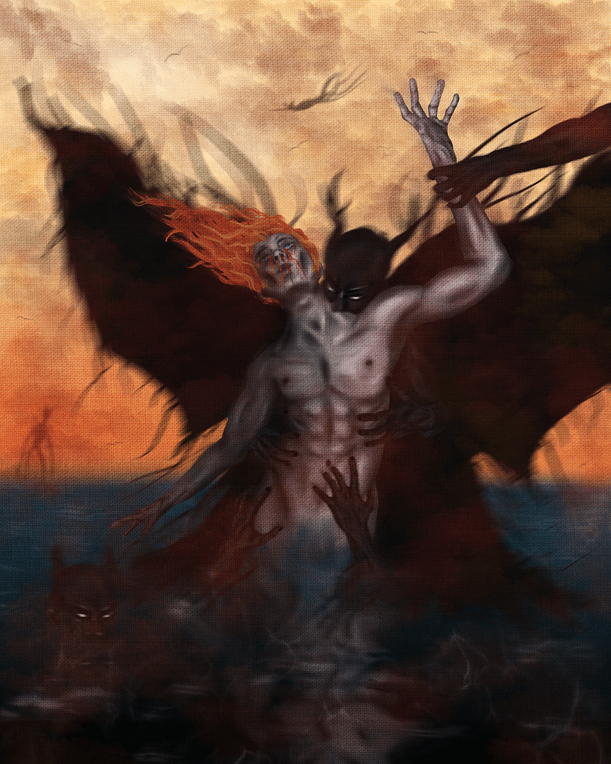A surreal and dark digital painting with a man getting tormented by demons.