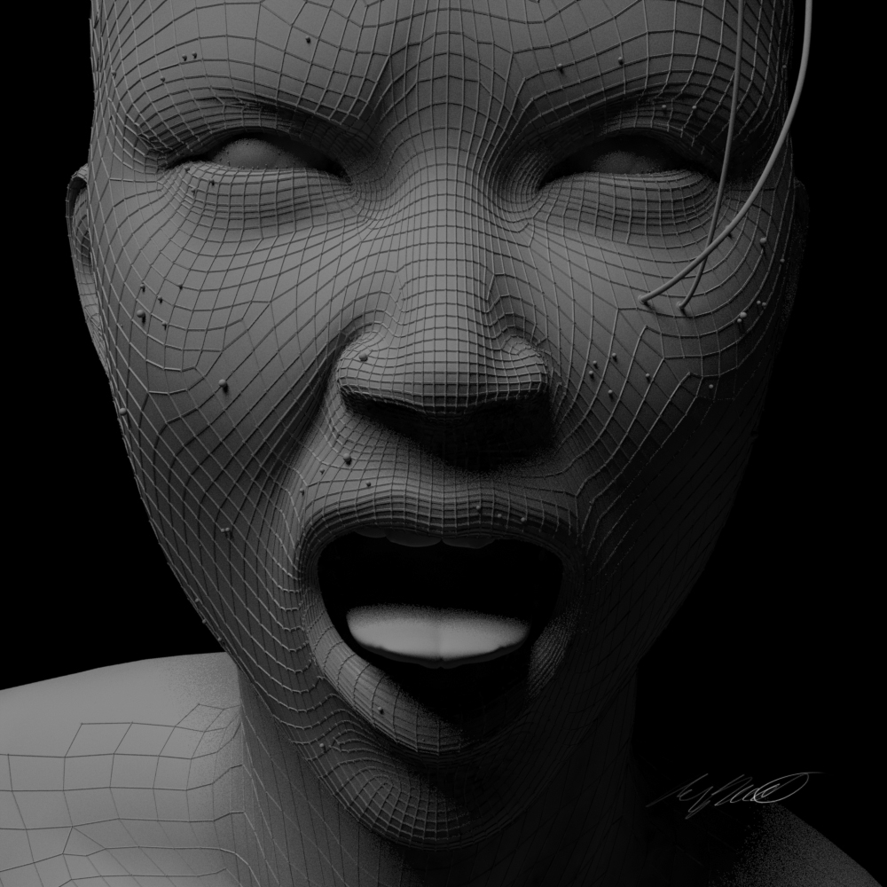 thirst 3D scence fiction mesh grid Wires green gray black human woman robot