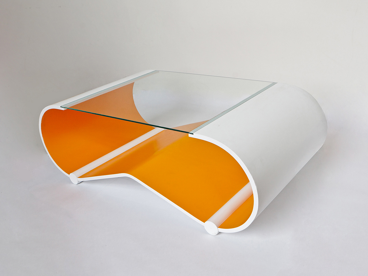 coffee table curved line orange plywood colorful Sunny glass curved