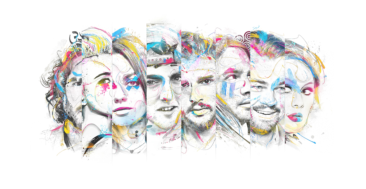 portraits famous digital celebrities paint strokes drawings color CMYK
