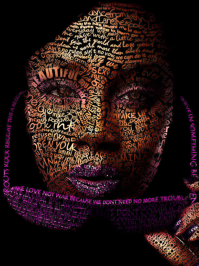 portrait type digital painting marley Bob Marley hip hop Lyrics words face woman girl Pop Art album art gif Time Lapse