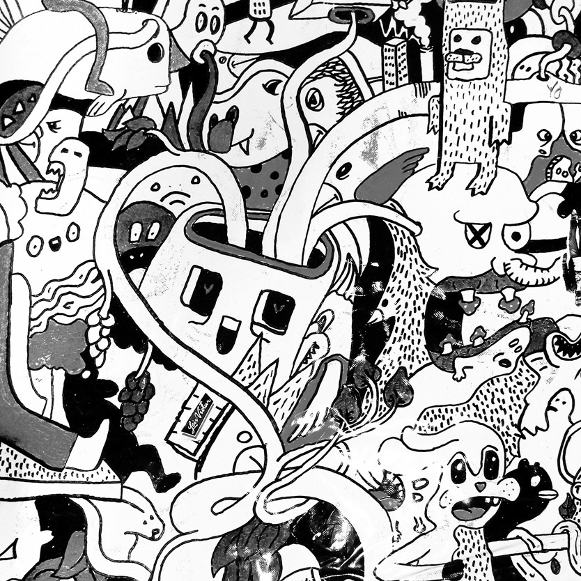 wesc markers doodles cartoon comic monsters brain Mural wall trees mushroom penis hot dog beer skateboard
