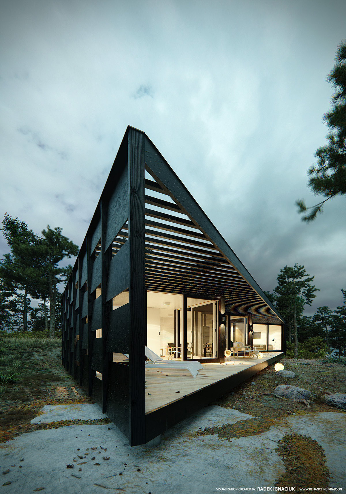 3ds max vray visualization house wooden archipelago Sweden forest lake cabin