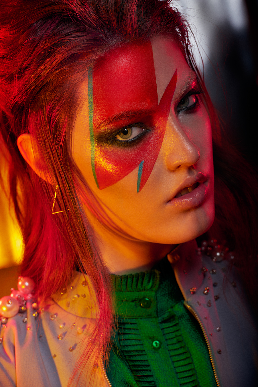 Fashion  editorial david bowie artist Clothing green red textures gels lights