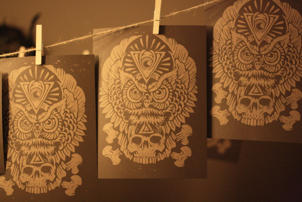 block print owl Totem art folk americana design print