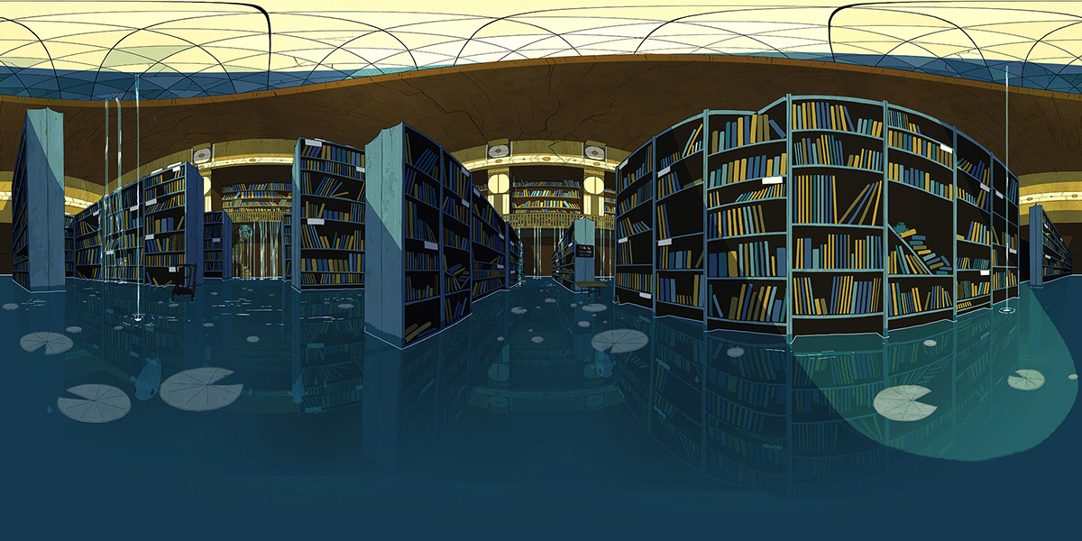 library 360 degrees 360 view animation 2d water