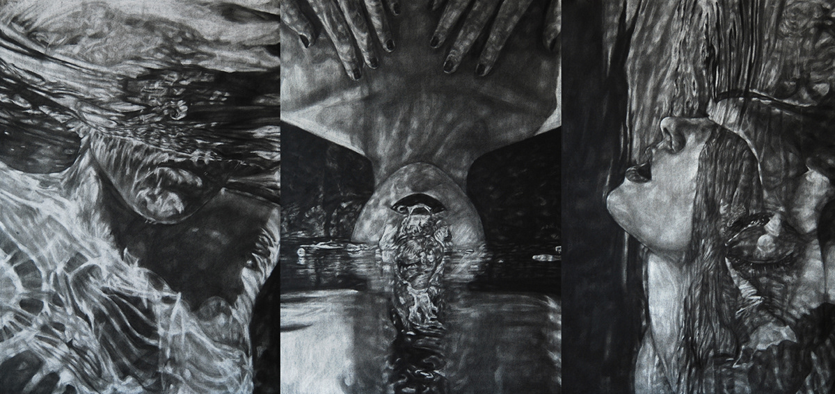 Drawing   charcoal surrealism mixed media  Human body  underwater experimental