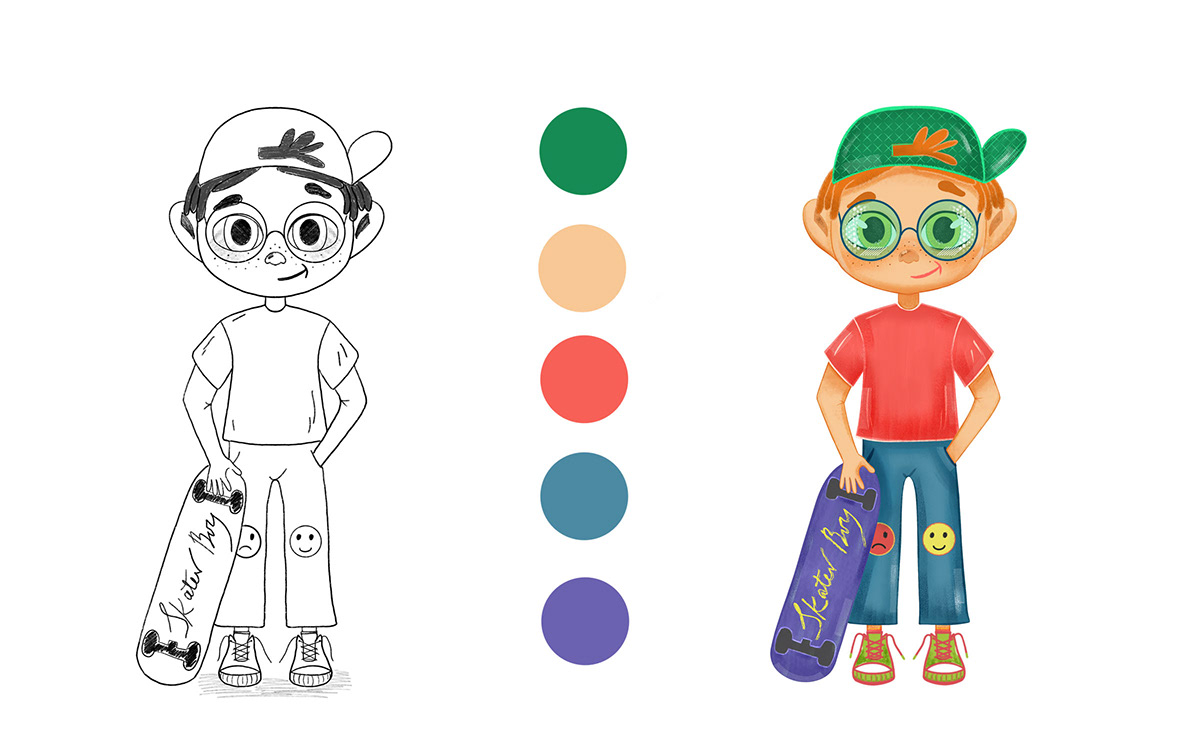 The image shows the skater boy character, his sketch and color palette. he is holding a skate. 
