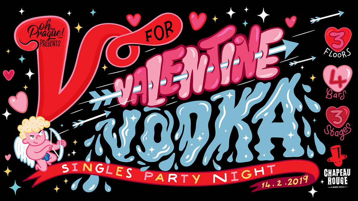 Anti Valentines valentines cupid Vodka cute hearts Event Design poster prague