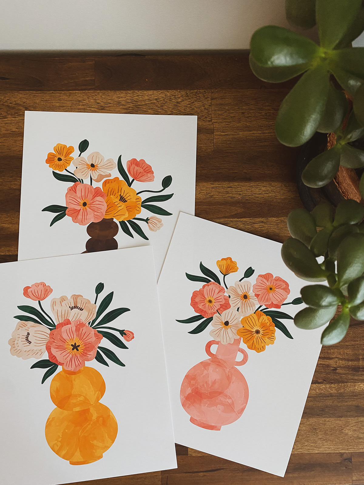 Set of 3 watercolor floral vase prints.