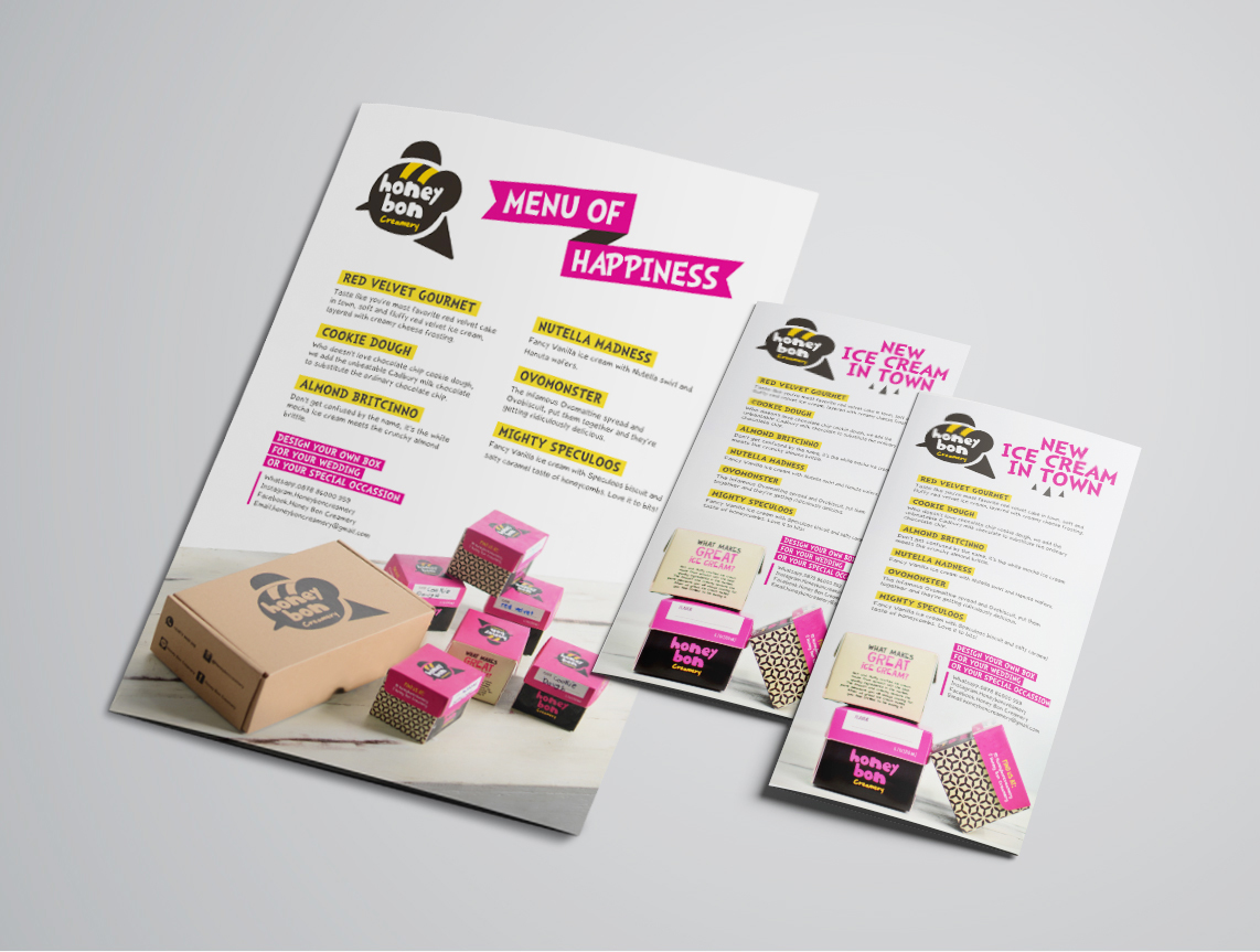 ice cream branding  booth flyer menu cute packaging company profile Ice Cream Logo honey bee Packaging