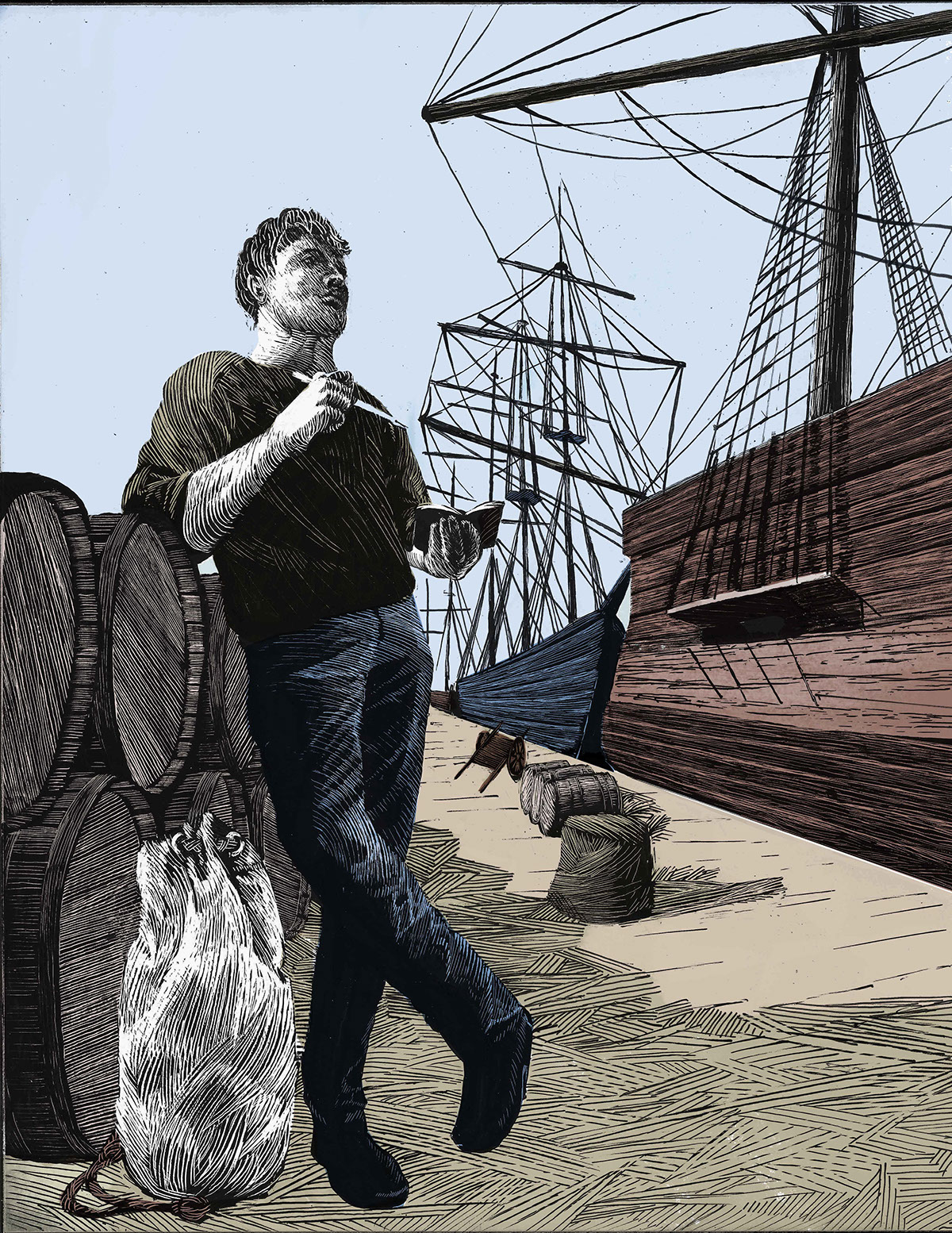 scratchboard literature mobydick herman Melville Ishmael whaling sailing sea pen ink