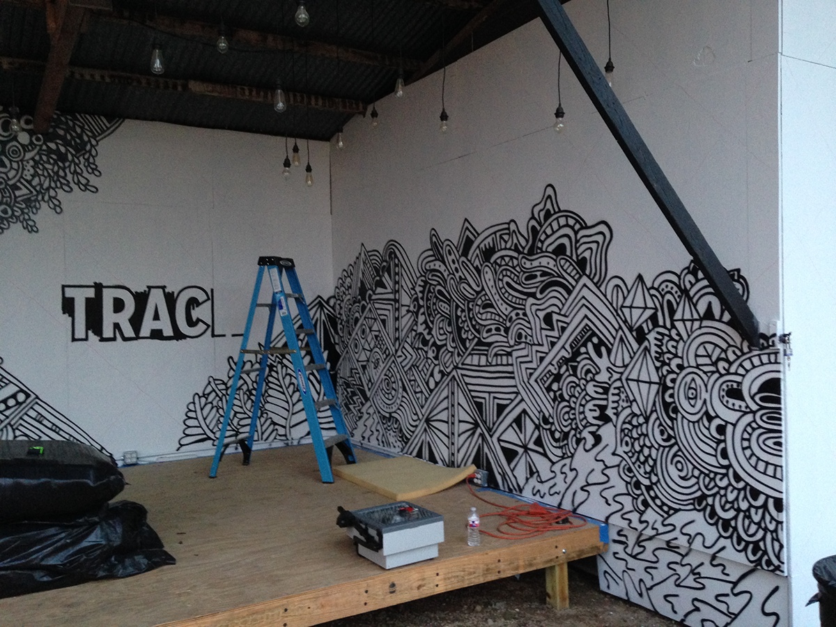 Mural backdrop psychedelic black and white doodle spraypaint sxsw Austin tx