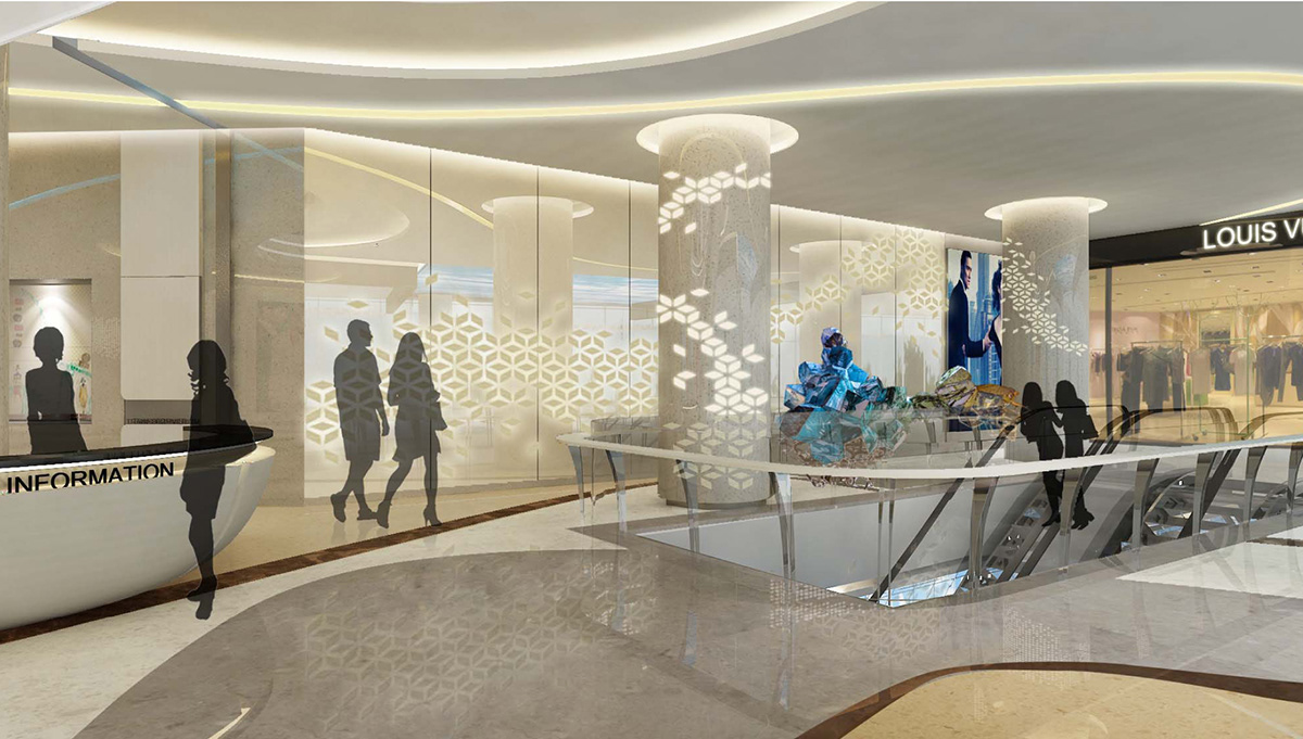 interior design china shopping mall public space escalator artwork