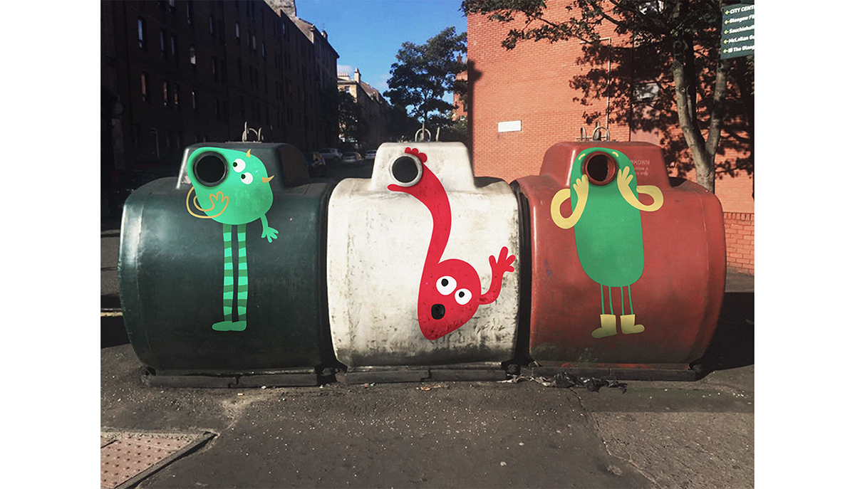 ILLUSTRATION  recycling rubbish bins monsters eco glasgow social adobeawards