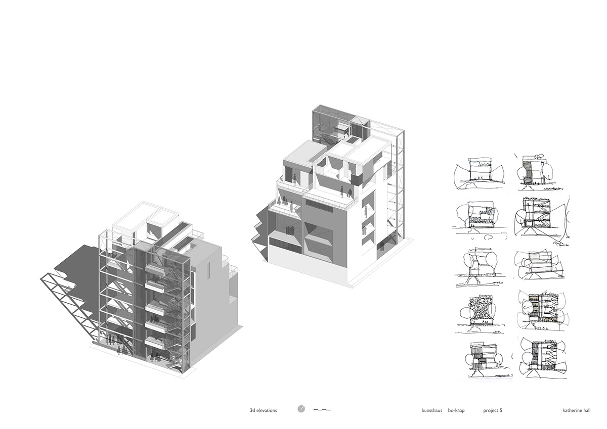 urban kunsthuis multifunctional building Cross Culture apartment gallery studios Second year project integrated city Apartheid