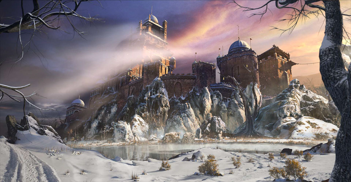 matte Castle environment Landscape fantasy medieval snow winter Nature background sunset fortress CGI photoshop