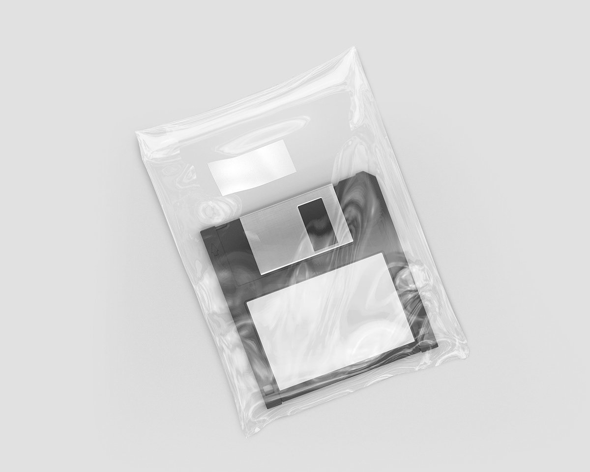 branding  clear plastic bag floppy disk free Mockup old technology Packaging psd template sticker vintage