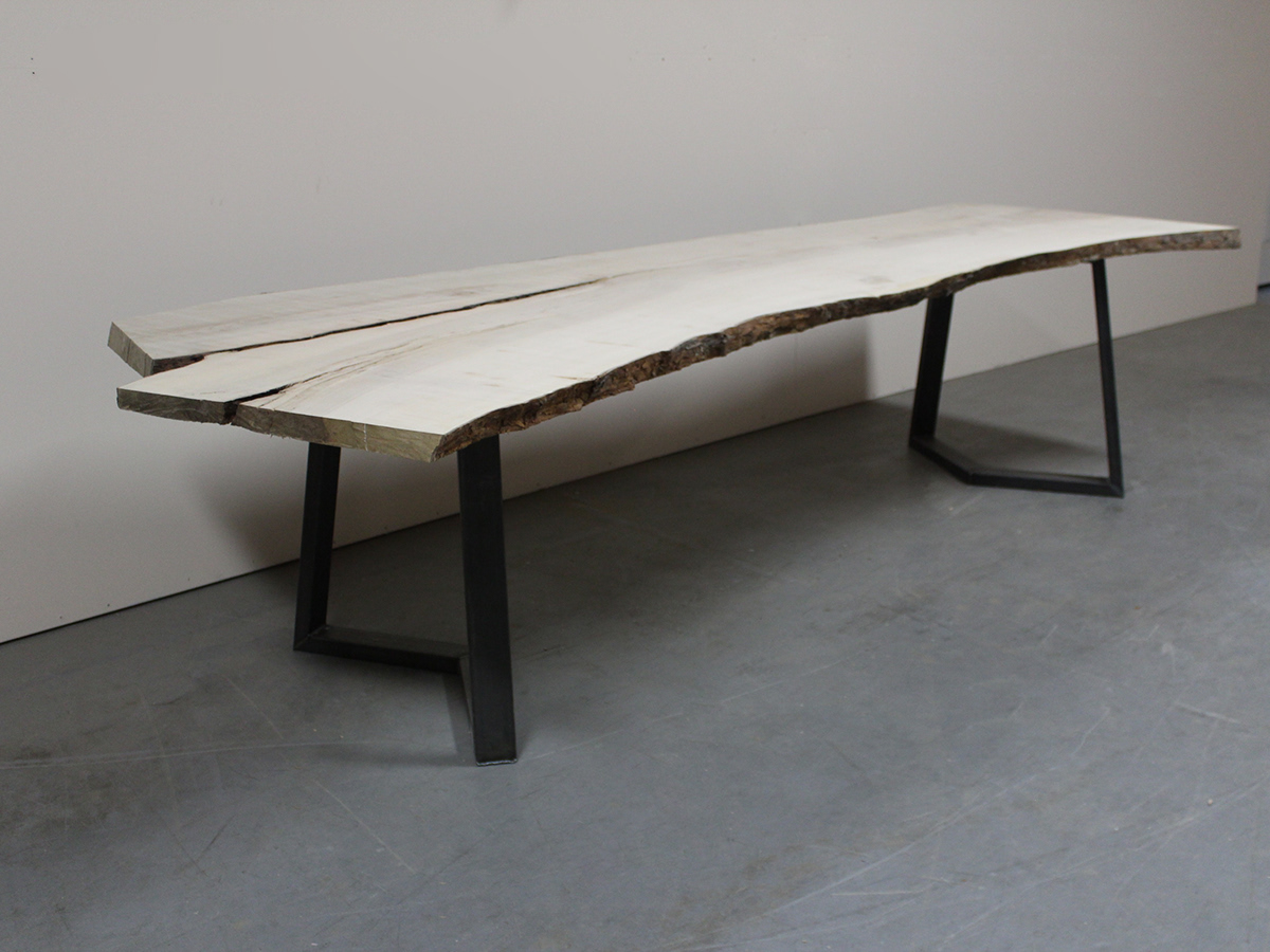 live edge slab table dining industrial modern raw maple american hardwood salvaged reclaimed steel
