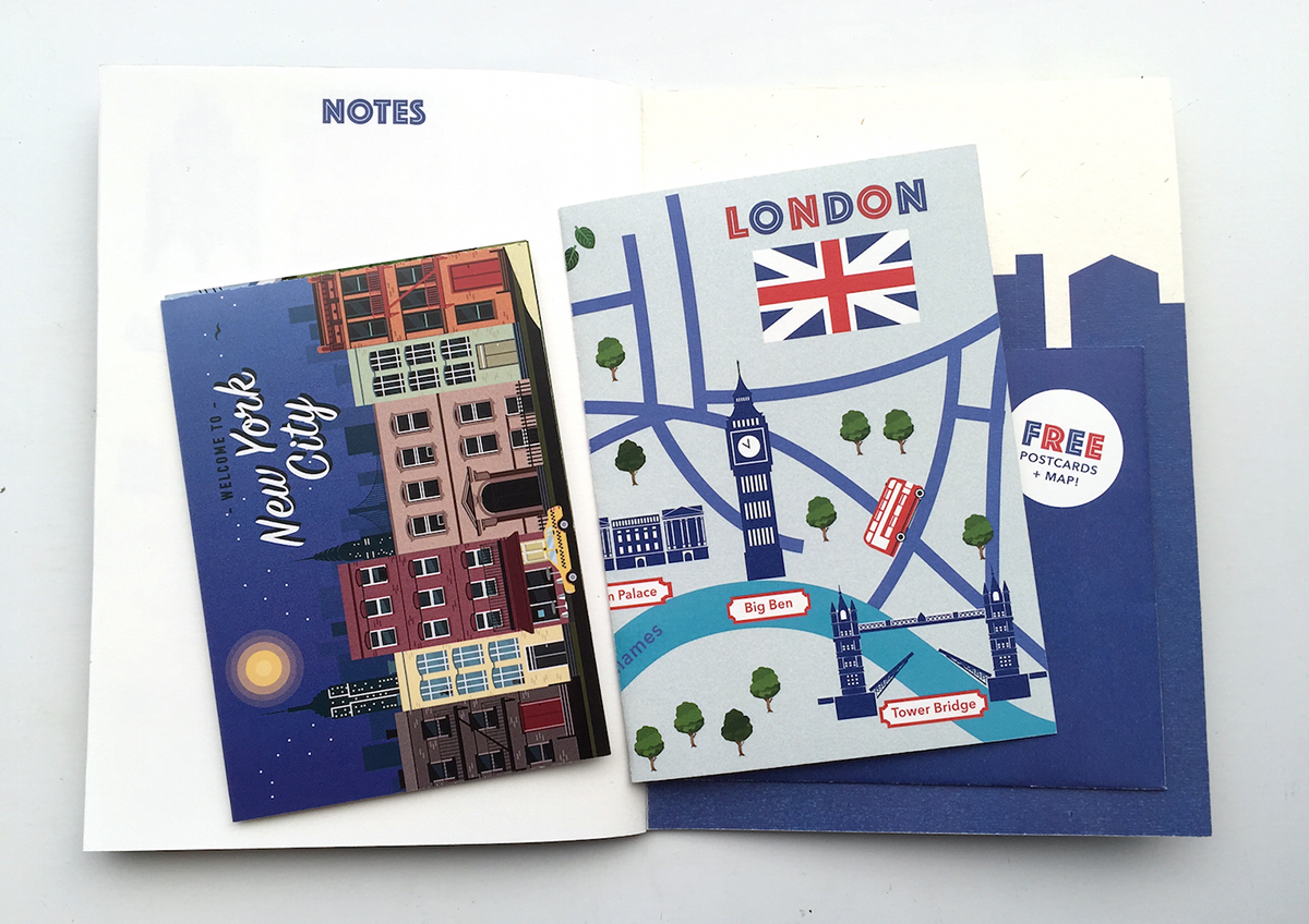 London travel guide illustrations publication postcards New York New Zealand miami beach