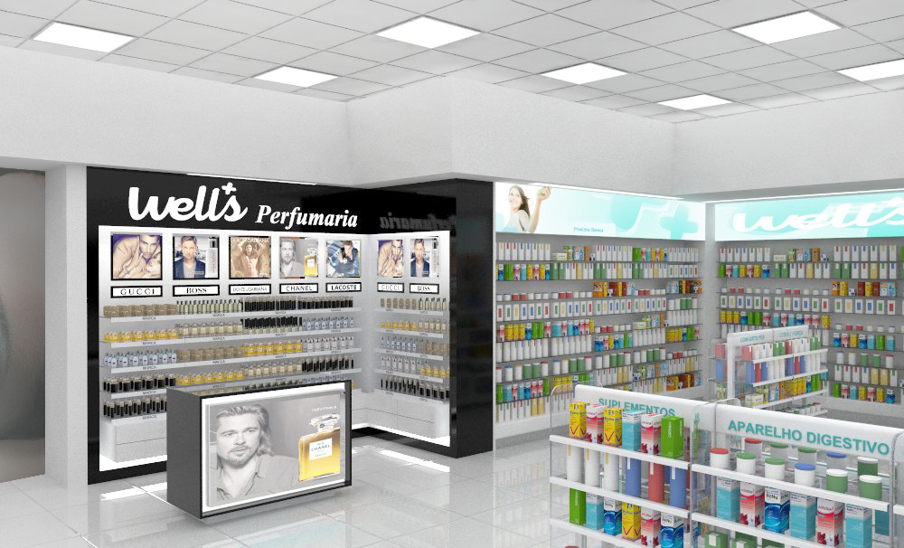 wells Stand Display perfume pharmacy furniture light 3D vray color Sonae Continente colombo lisboa shooping