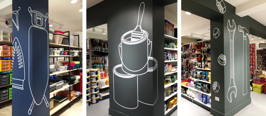 graphics interiors wall piece linear graphics Line drawings scamps homeware houseware London vinyl pos copy in-store communications campaign