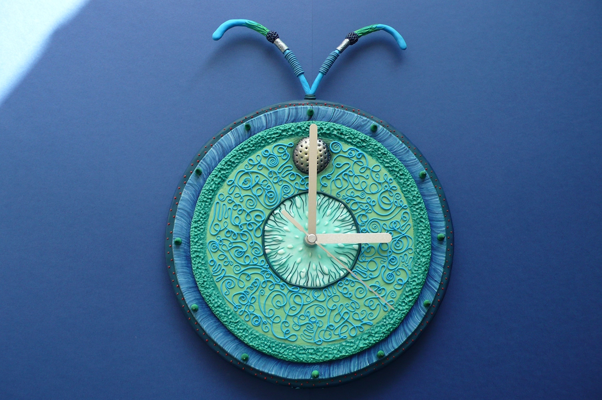 wall clock polymer clay clock desigh Insect inspired blue green fimo clock