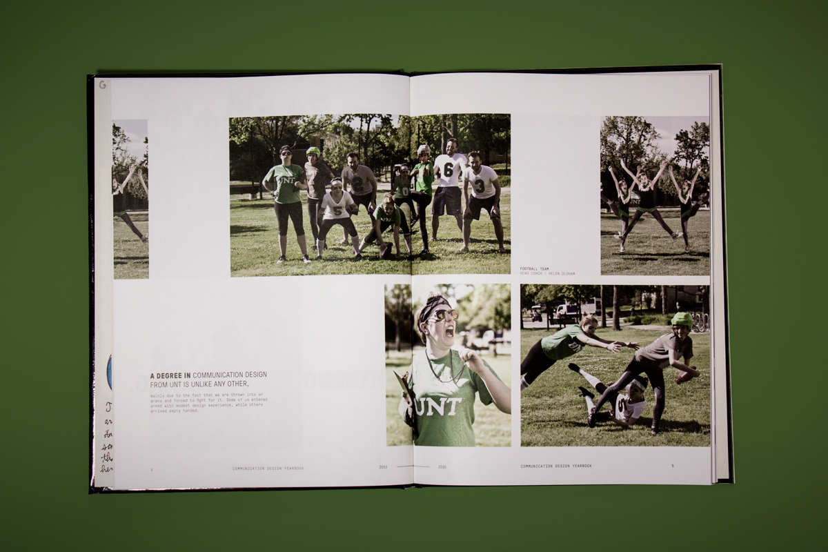 yearbook graphic design green ANNUAL unt CommDesign mean grean commies