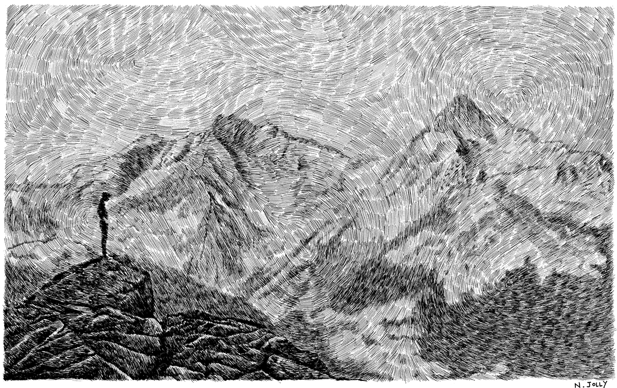 ink  encre  Black  paper White  blanc   noir gravure  etching  montain  montage  rocher  rock  child monochrome