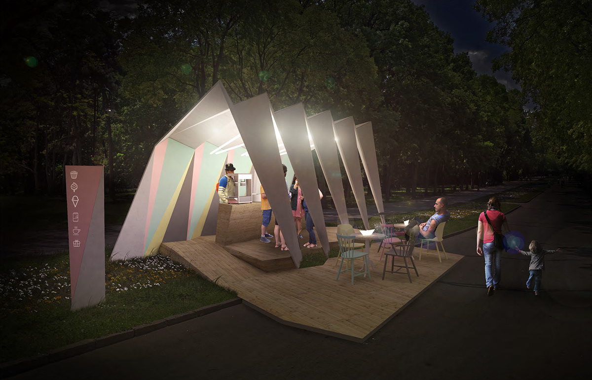 Adobe Portfolio concrete shell modular structure Open Air Cafe Park Kiosk park pavilion