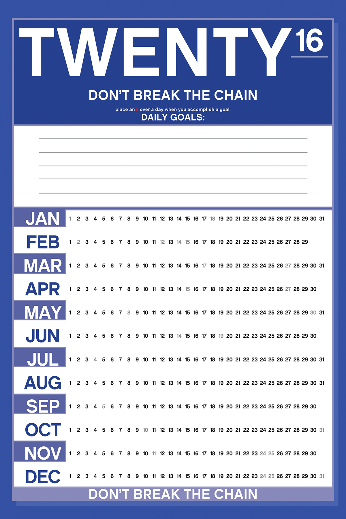 twenty Sixteen don't break the chain calendar Productivity Goals