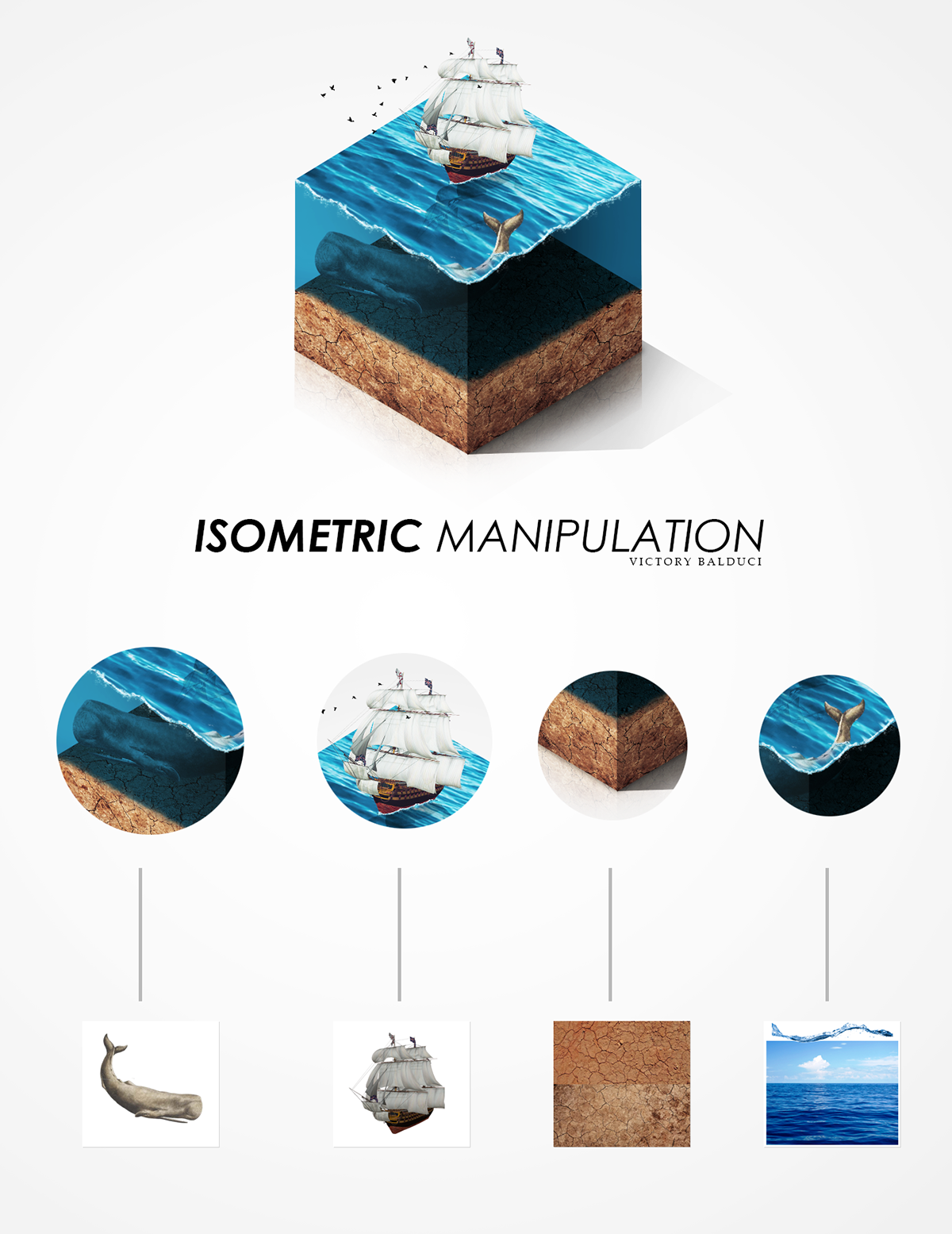 study fake 3d Isometric manipulation Whale ship manipulação