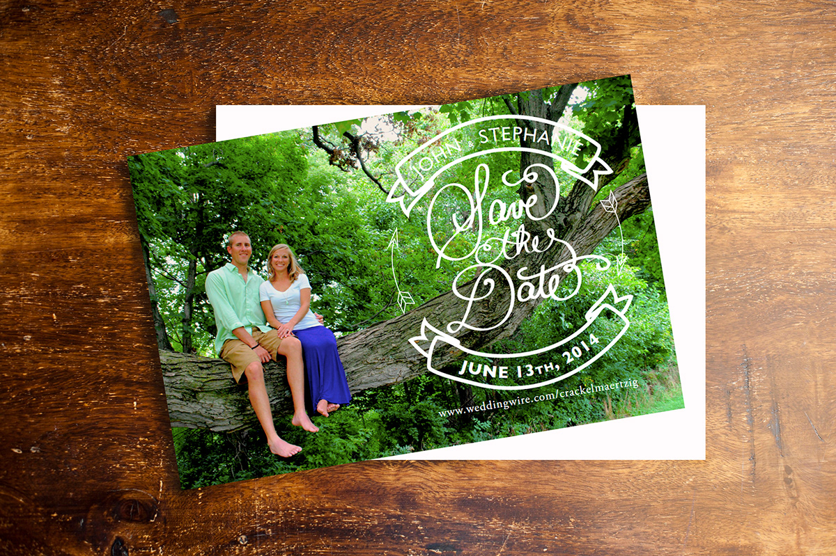 save the date cursive hand written type Stephanie john postcard Nature arrows ribbon june wedding summer