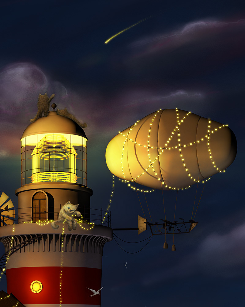 cats lighthouse 3D sea night star cinema 4d fish birds zeppelin balloon bucket ivy