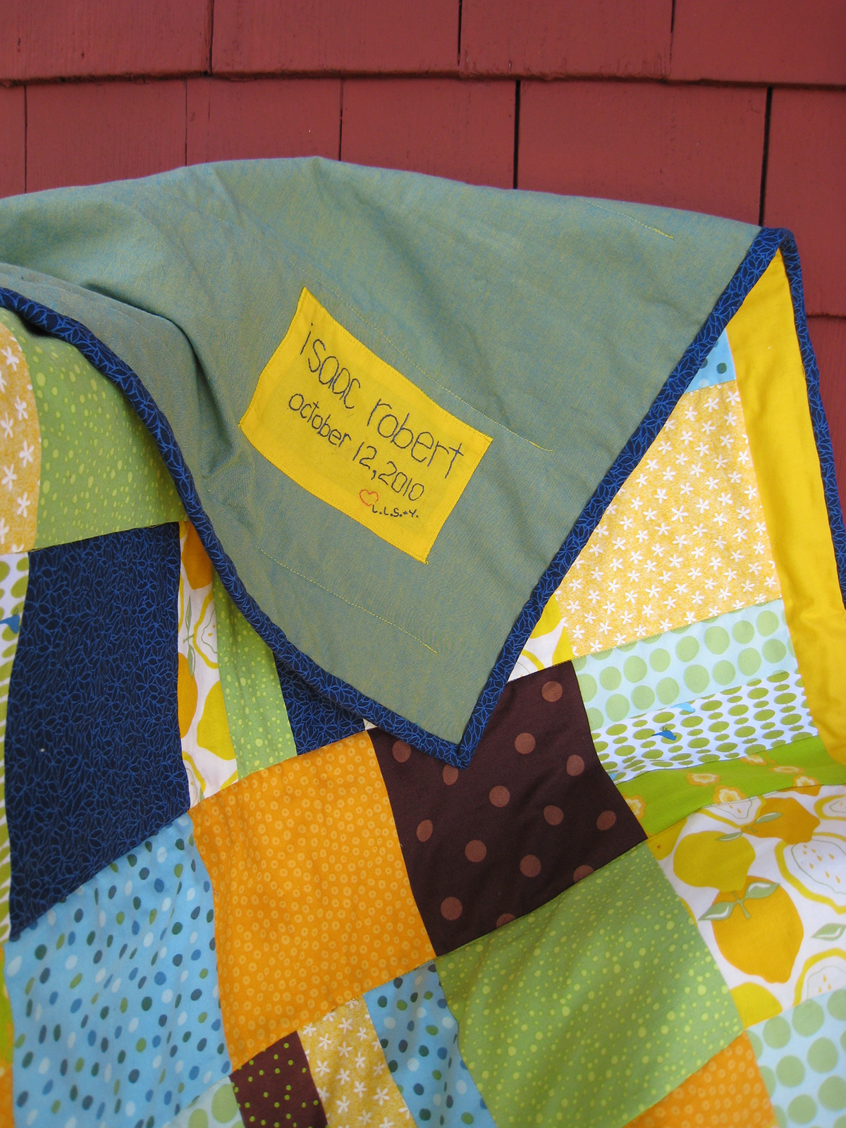 baby quilt cotton fabric lemons blue brown roman stripes birds yellow crib quilt