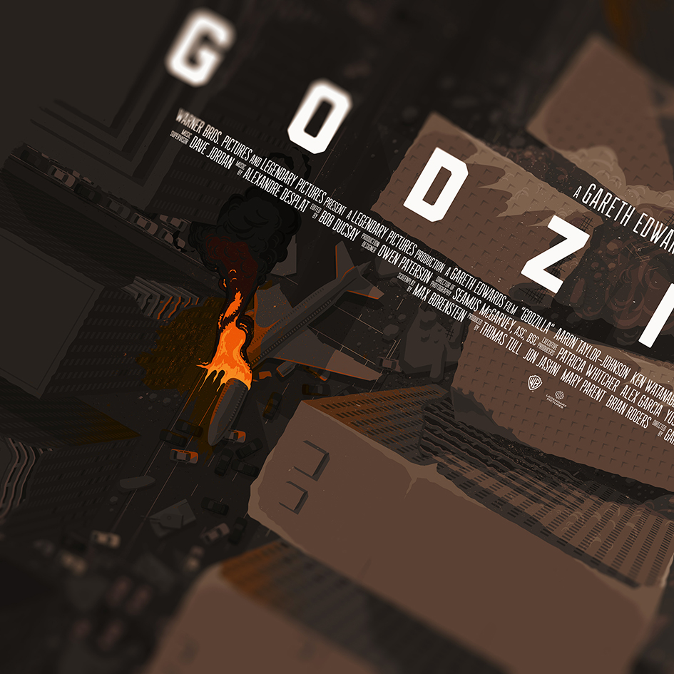 godzilla alternative movie poster Shortlist buildings plane Tank F-15 Flames destruction