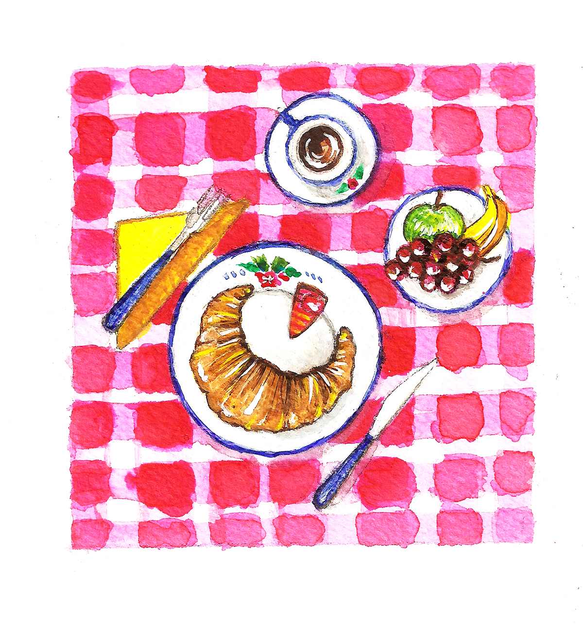 Food  slow living breakfast watercolor Culinary banana apple grapes croissant Coffee cake MORNING editorial