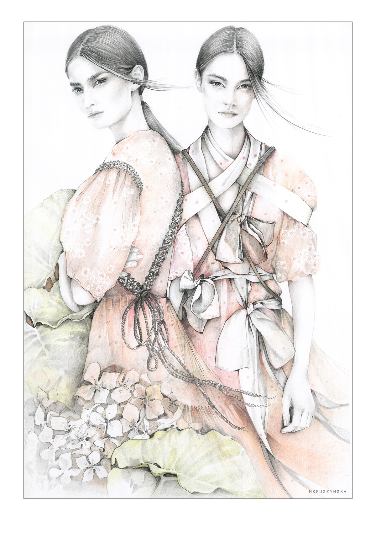 Simone Rocha fashion drawing fashion illustration dress Twins flower hair woman watercolor pencil
