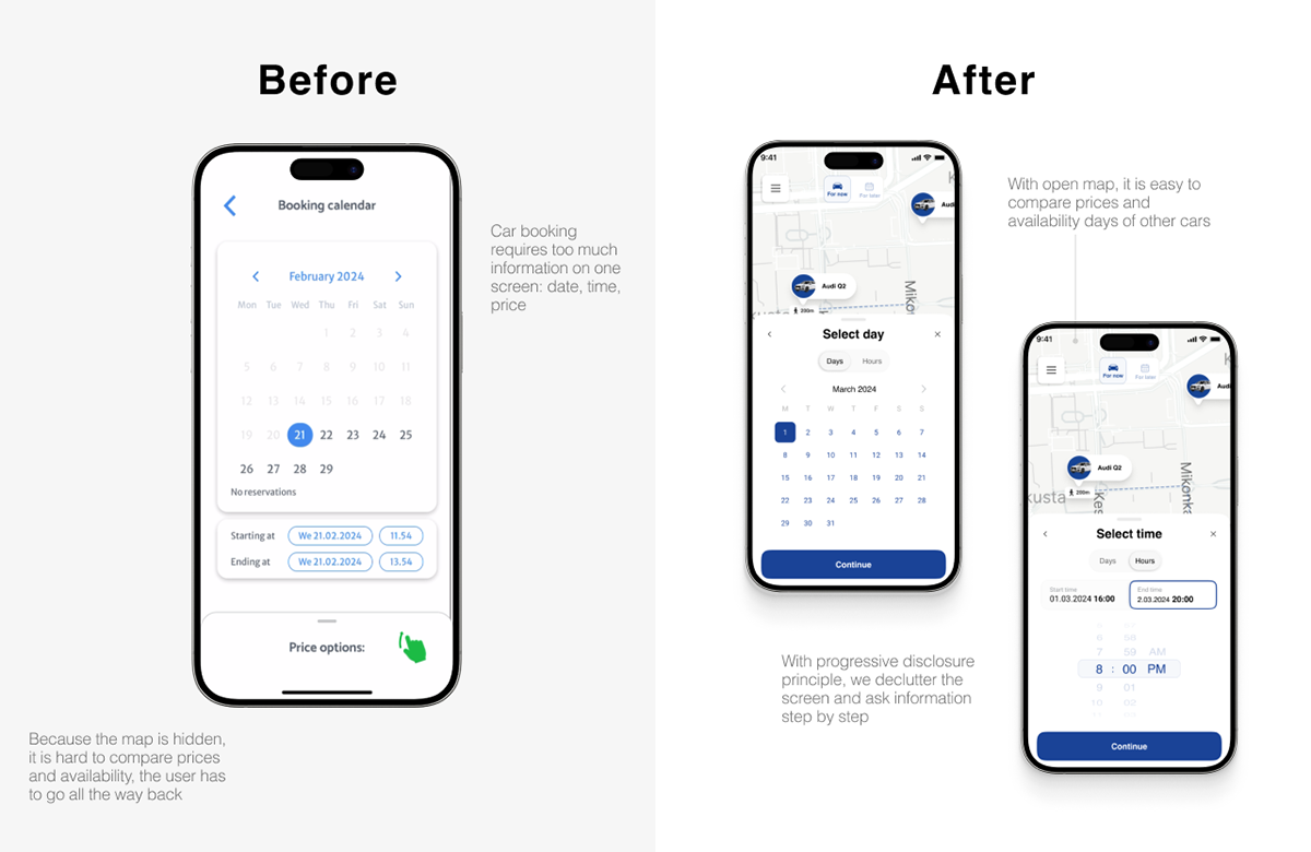 redesign Before and After Car rental Figma blue White dark ux product design  Mobile app