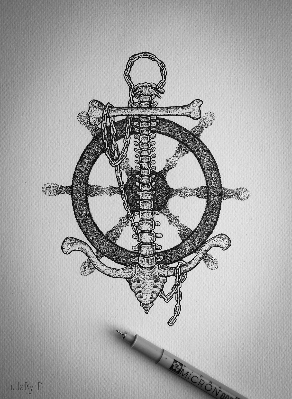 bones anchor Rudder ink dotwork dots tattoo tattoodesign   chain black
