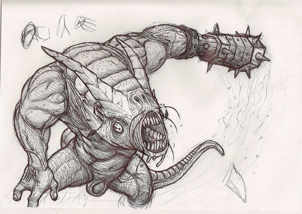Warhammer pencil pen ink sketch chaos nurgle ogryn imperial guard beastmen Dreadnought chosen creature monster concept