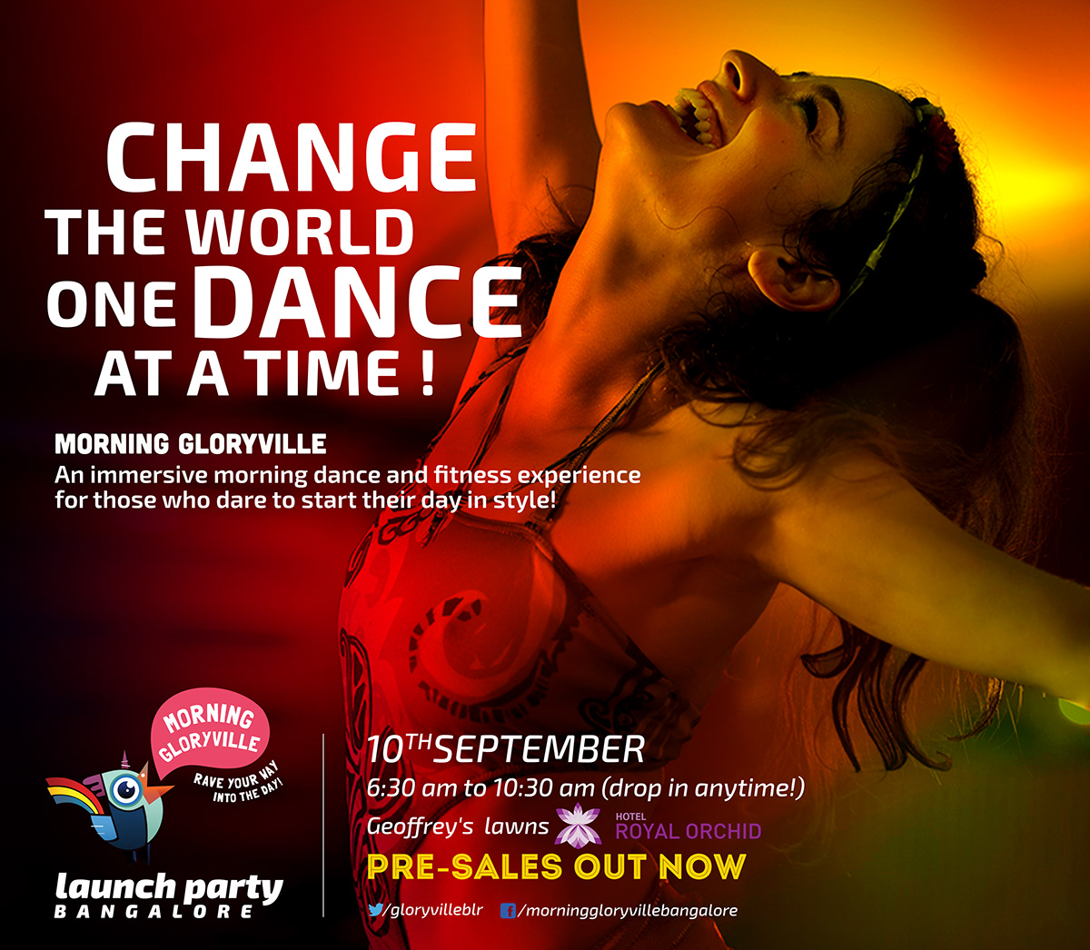 Morning Gloryville Bangalore Morning Gloryville fitness rave party Event decor Poster Design flyer handmade