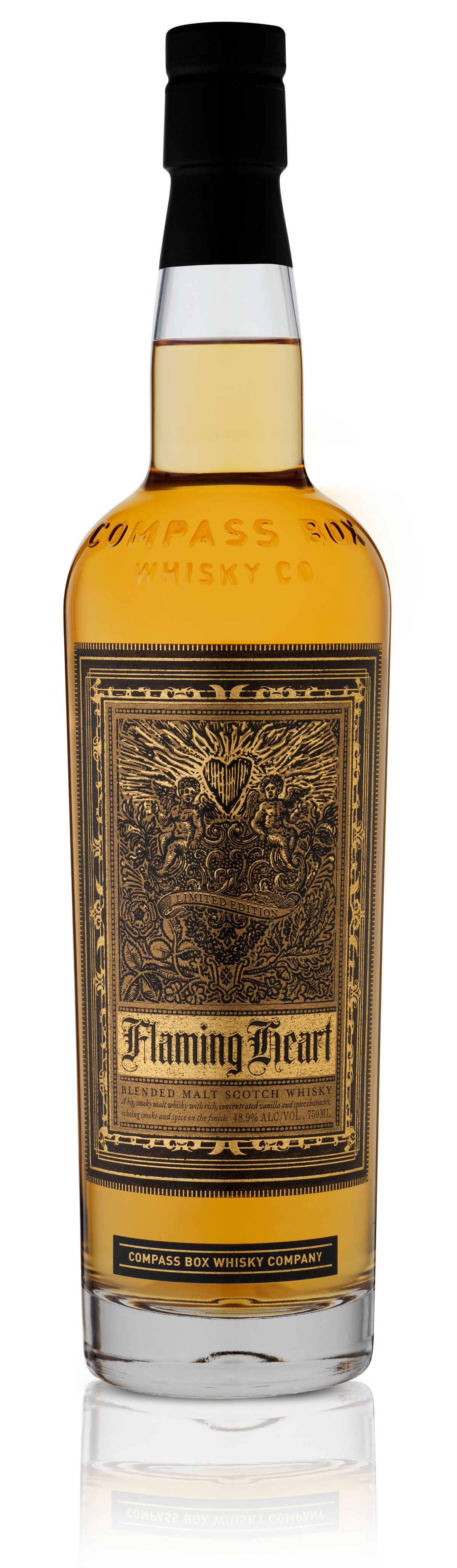 flaming heart Compass Box Stranger & Stranger Flaming heart cupid alcohol bottle scotch malt compass limited edition gold black Whisky