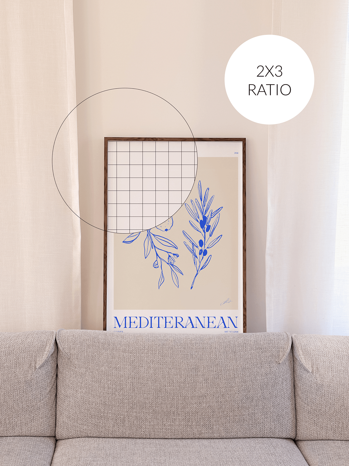 26 2x3 ratio brown wooden frame adjustable .psd mockups download in a minimalist, sunny interior