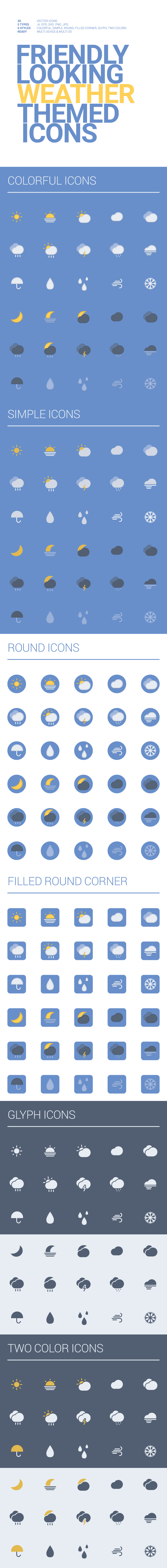 firendly weether icons Icon Sun Sunny rain rainy Umbrella cloud thunderstorms mind fogg colorful glyph