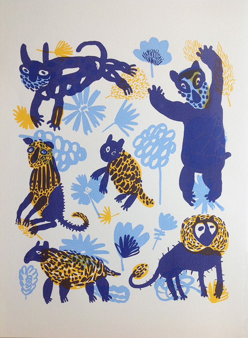 printmaking silkscreen animals blue yellow Nature Flowers jungle natalya balnova
