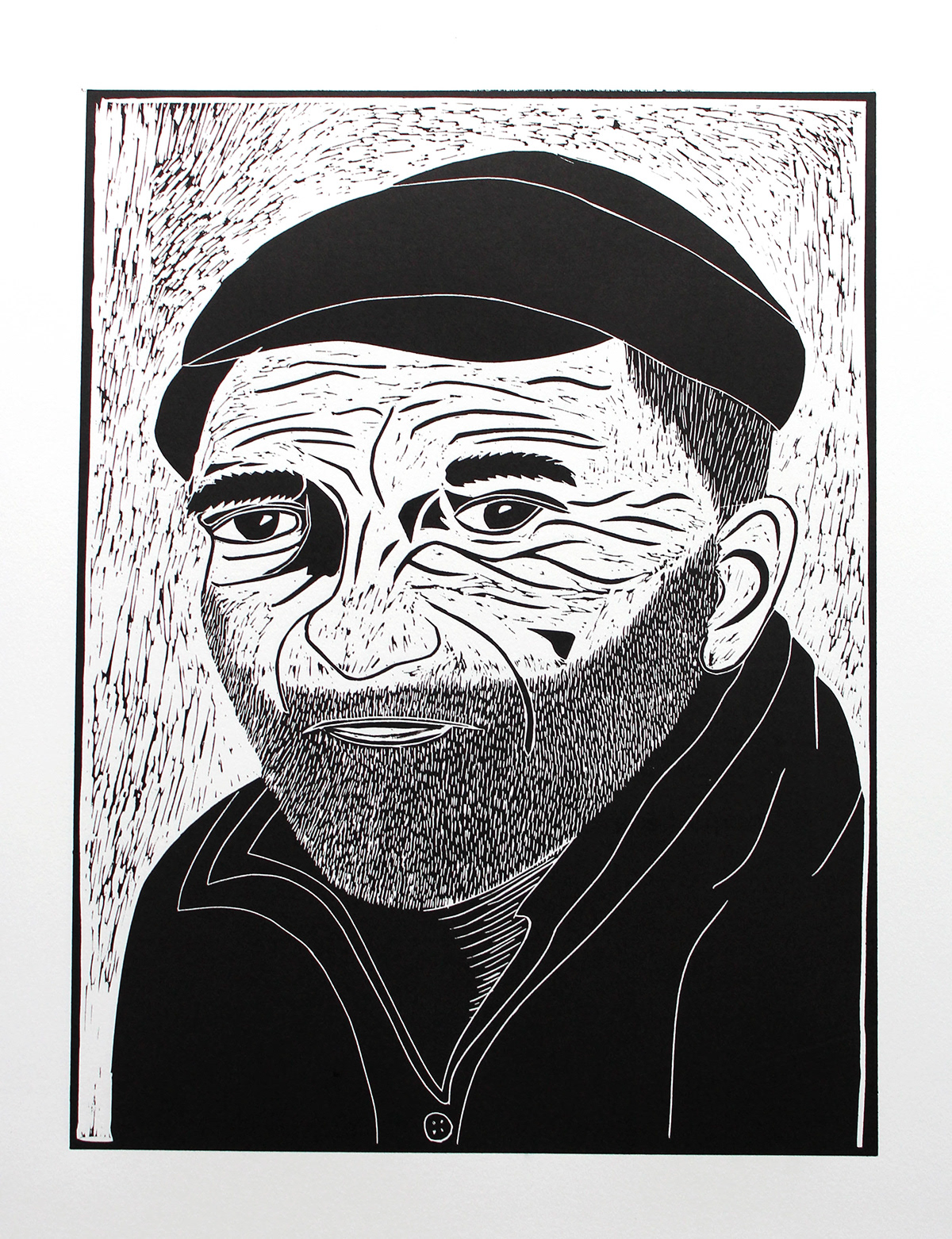 black White black and white lino lino cut print printmaking man Fisherman